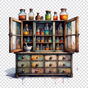Watercolor apothecary cabinet clipart