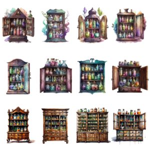 Watercolor apothecary cabinet clipart bundle
