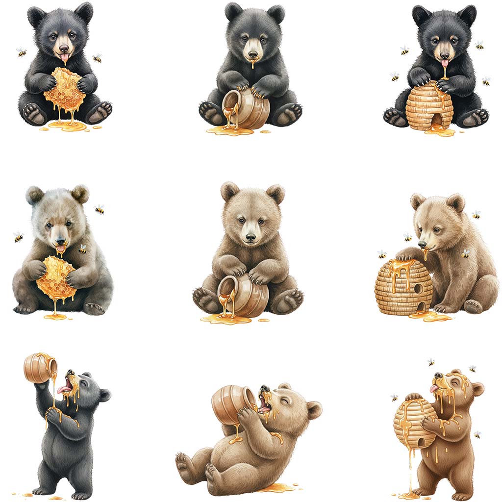 Watercolor baby bear with honey clipart bundle