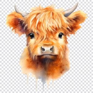 Watercolor baby Highland cow portrait clipart