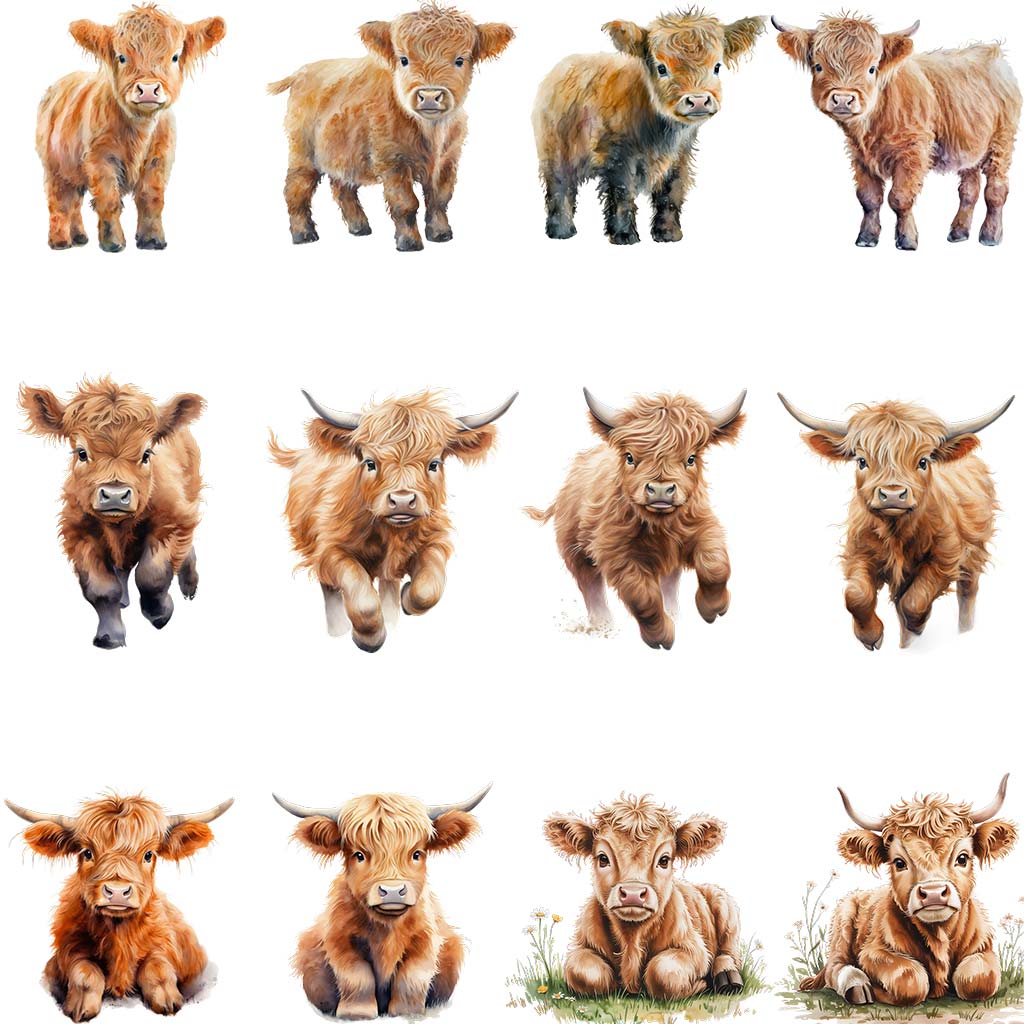 Watercolor baby Highland cow clipart bundle