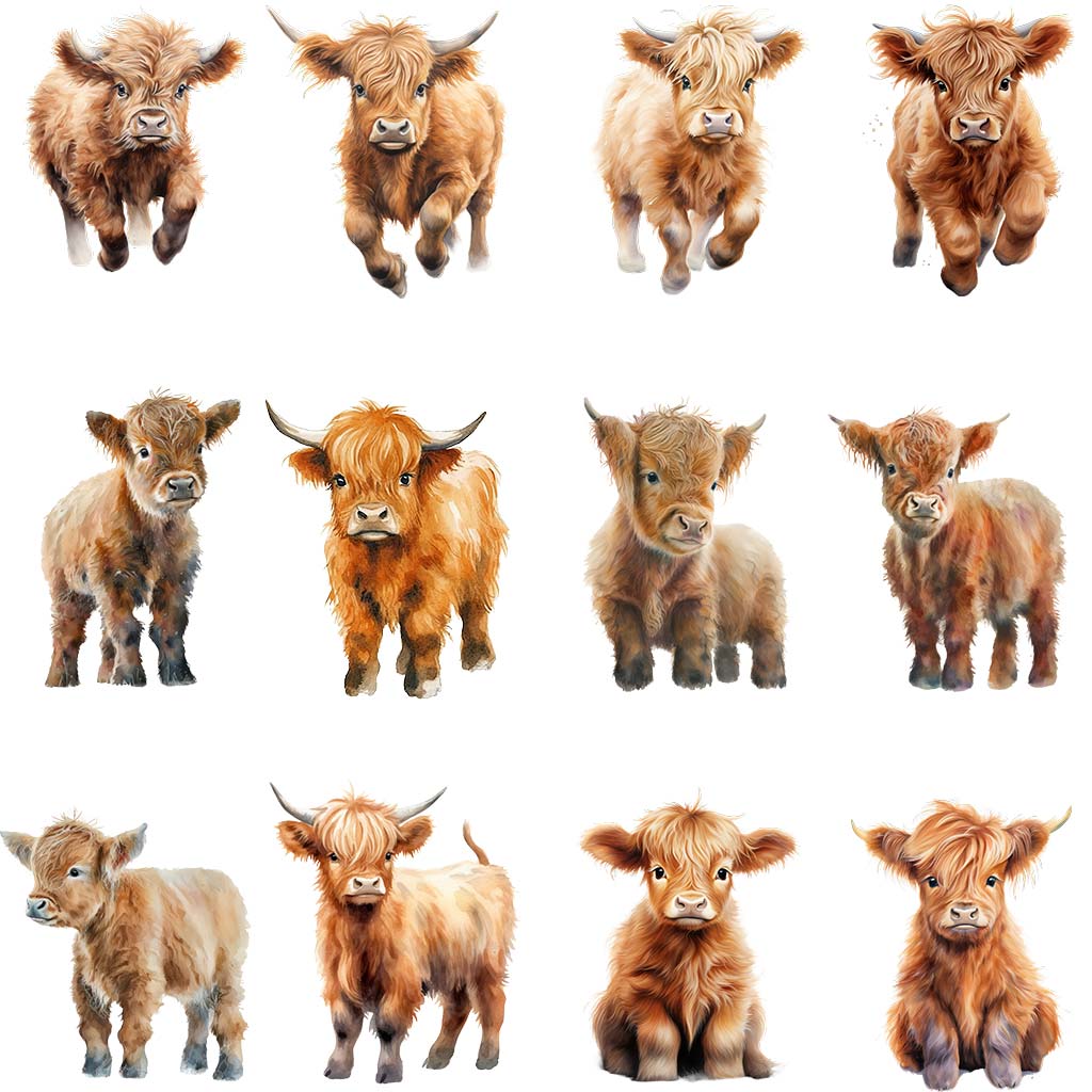 Watercolor baby Highland cow clipart bundle