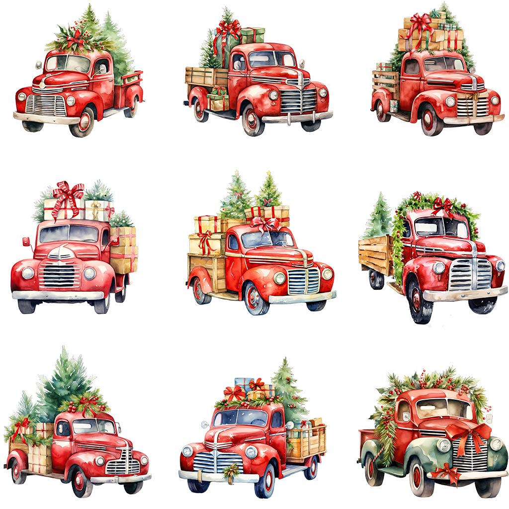 Watercolor Christmas truck clipart bundle