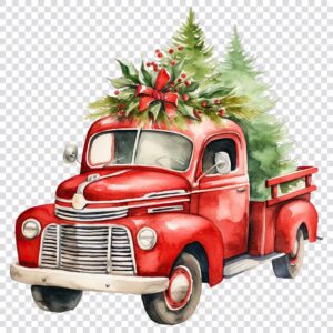 Watercolor Christmas truck clipart