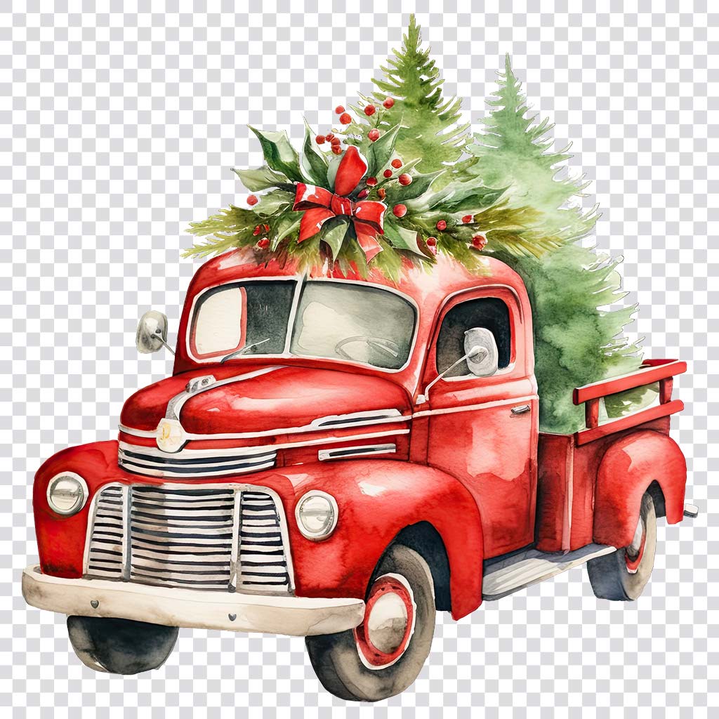 Watercolor Christmas truck clipart
