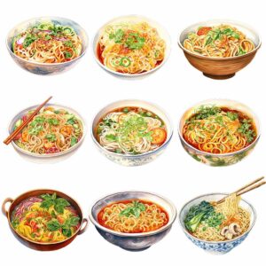 Watercolor Asian noodle clipart bundle