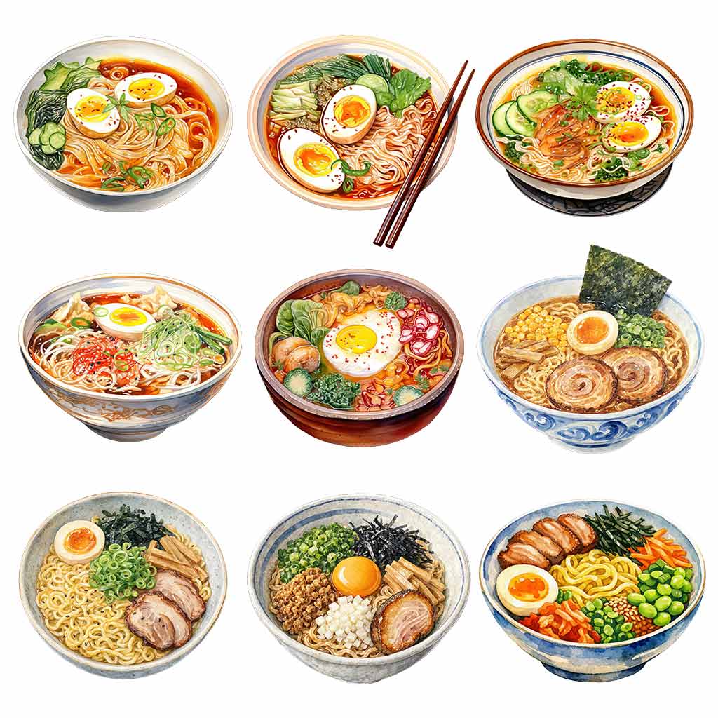 Watercolor ramen bowl clipart bundle