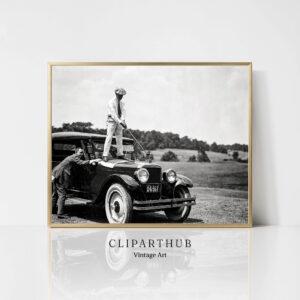 Vintage Golf Photo Golfer on Classic Car