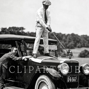 Vintage Golf Photo Golfer on Classic Car Closeup