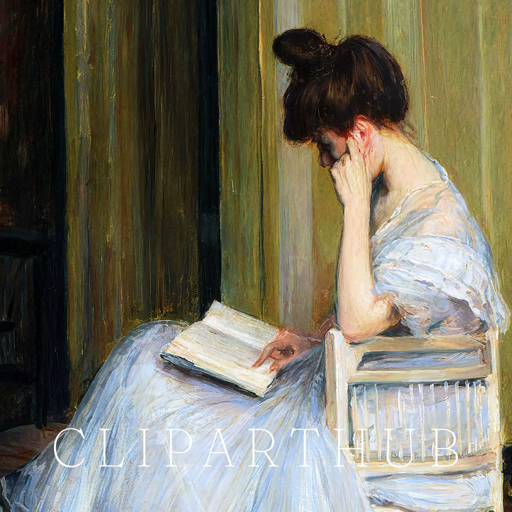 Woman Reading Vintage Painting Closeup