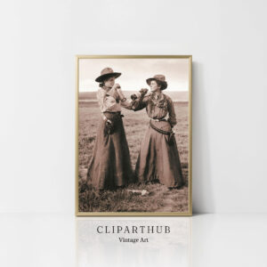 Vintage Cowgirls Drinking Sepia Photo Closeup